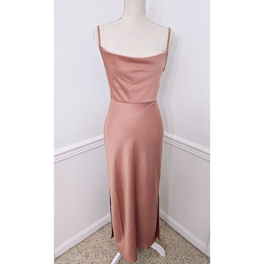 Anthropologie BHLDN  Pink Blush Cali Satin Cowl Neck Midi Slip Dress Size 2